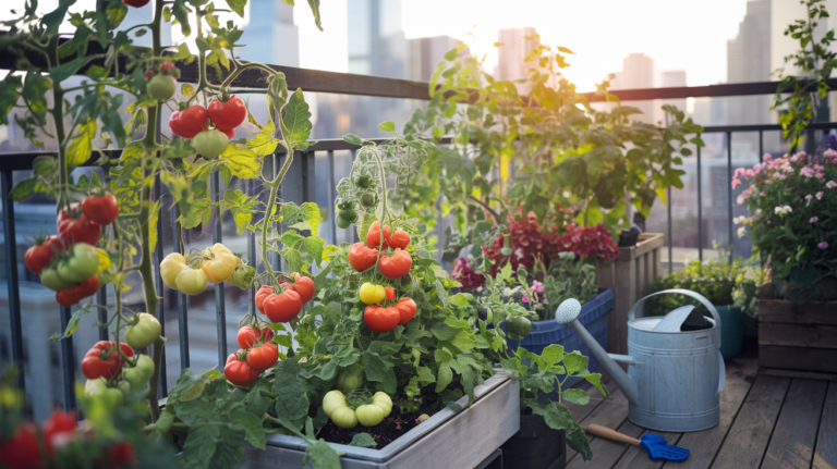 Tomatoes growing in containers on a balcony or rooftop in the city