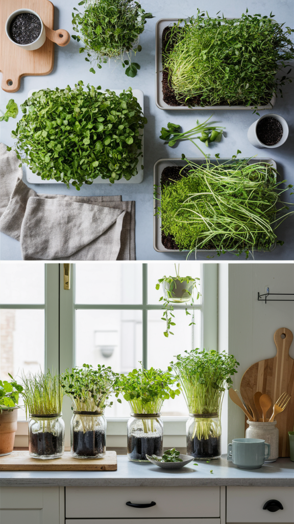 containers with microgreens on a table and in front of a window