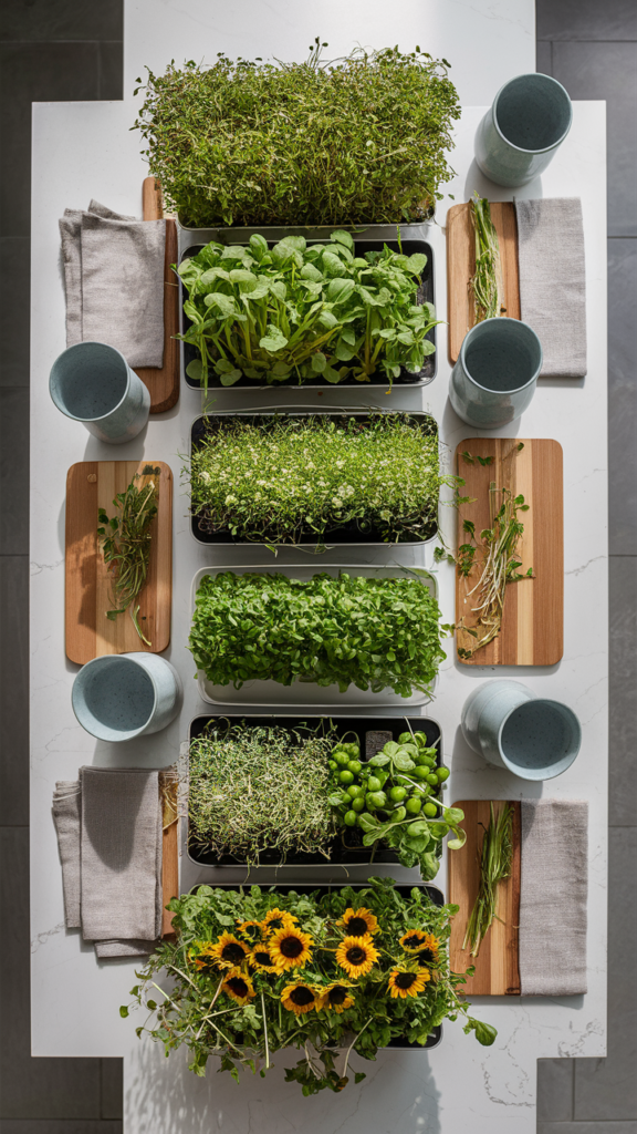 containers with various microgreens on a table