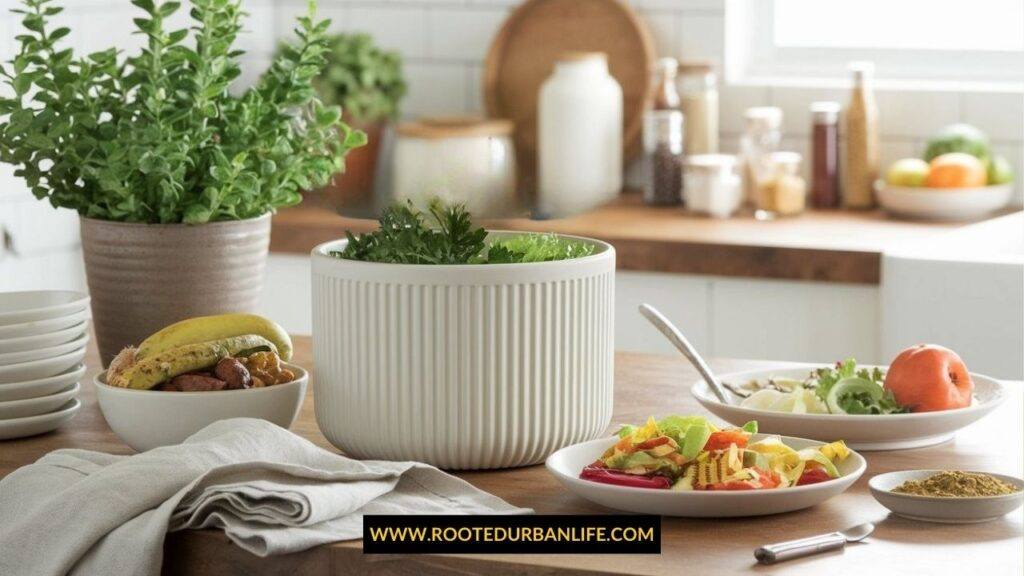 Compost bin on a kitchen counter next to a gree npotted plant and plates with food