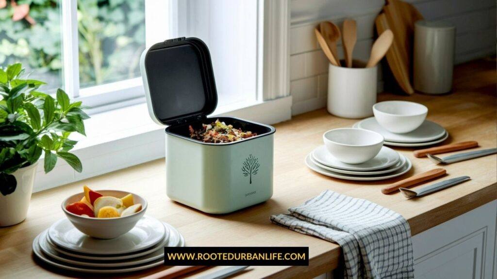 Compost bin in front on a kitchen window on a counter next to plates, utensils and napkins