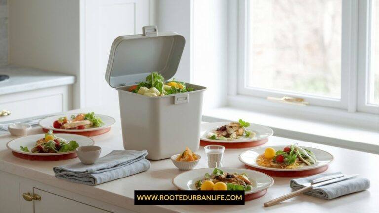 Compost bin on a kitchen counter next to plates with prepared food