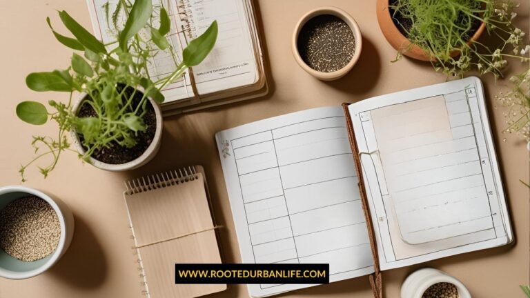 An empty garden planner, small pots with seedlings on a table