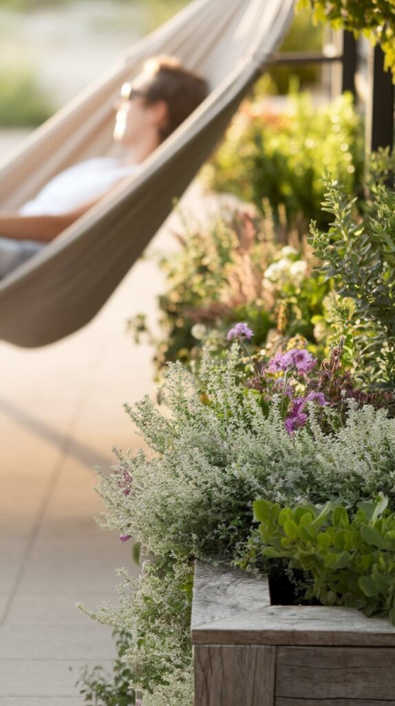Person relaxing in a hammock next to potted native plants
