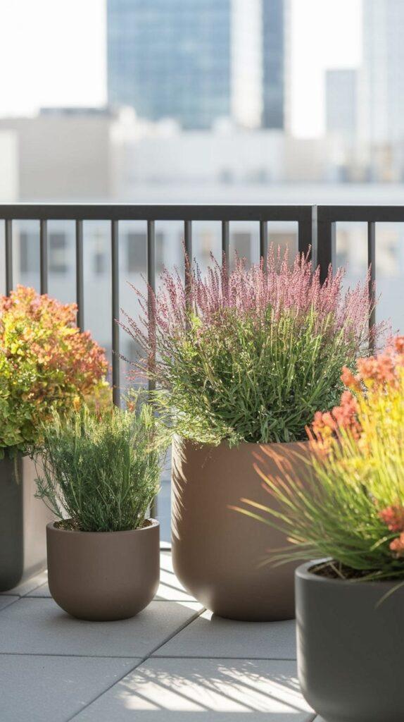 Native plants potted on a balcony in the city