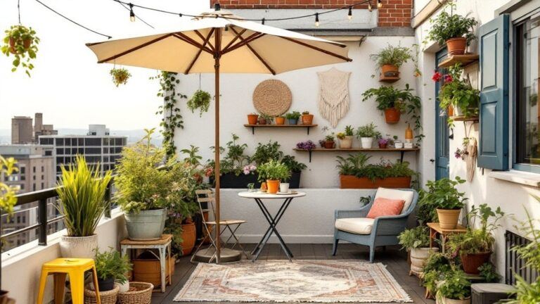 A nice and relaxing rooftop garden with a small bistro table and an umbrella