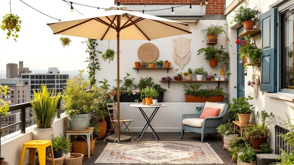 A nice and relaxing rooftop garden with a small bistro table and an umbrella