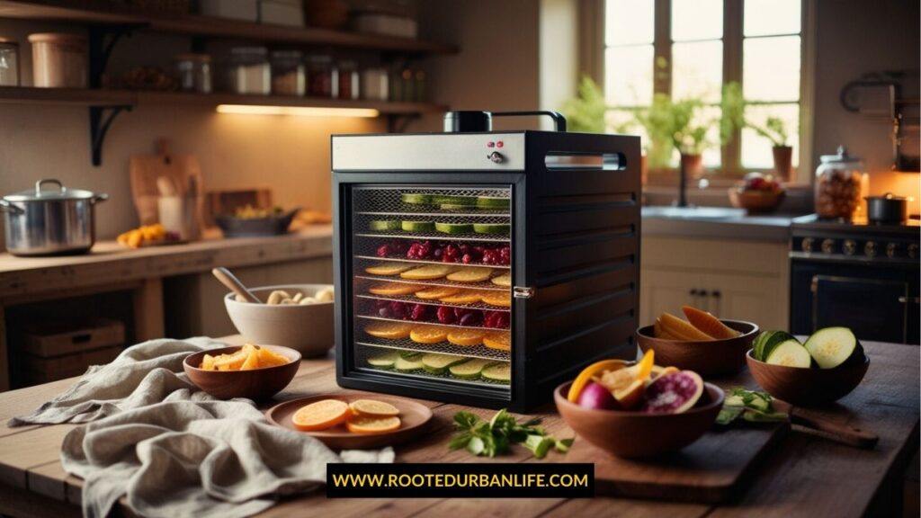Dehydrator on a wooden kitchen counter in a rustic kitchen with fruits vegetables and linens