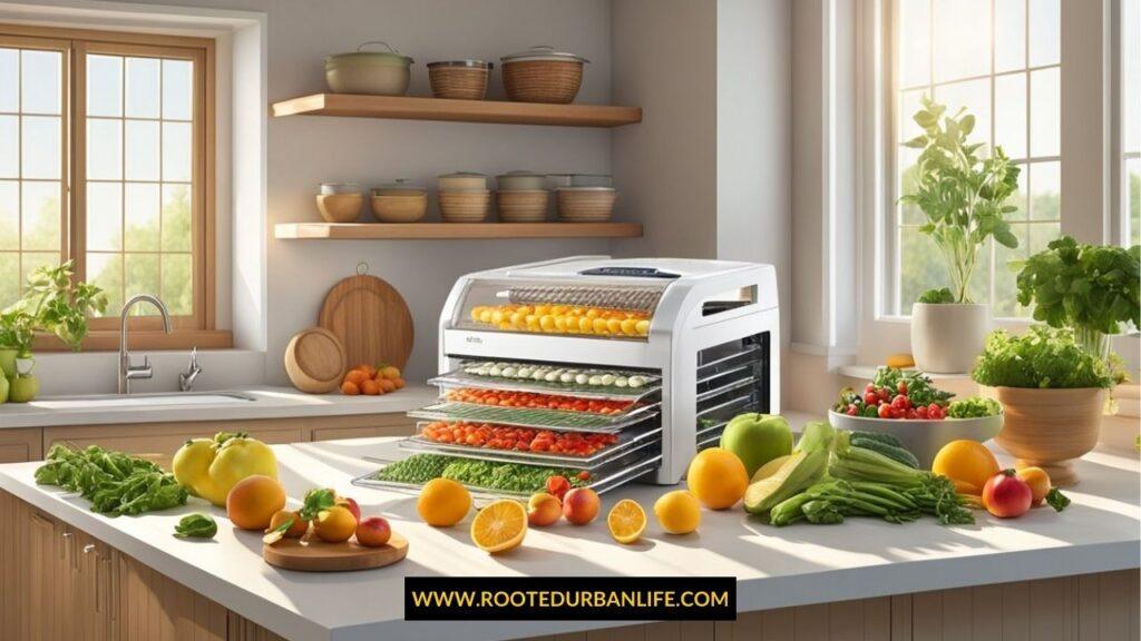 A kitchen counter with dehydrator fruits and vegetables and shelves with ceramic containers in the background