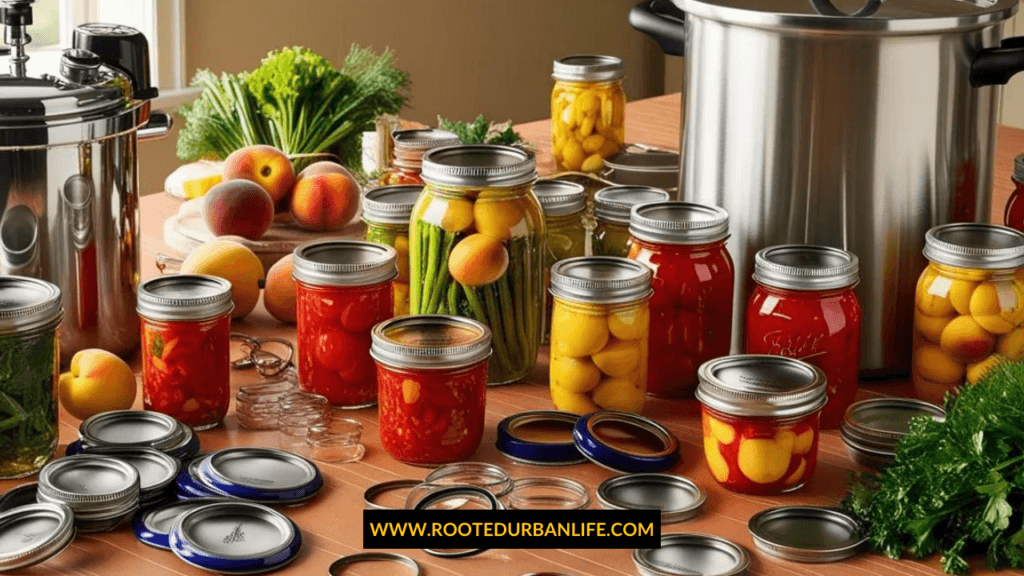 A table full of jars, canners and canning supplies