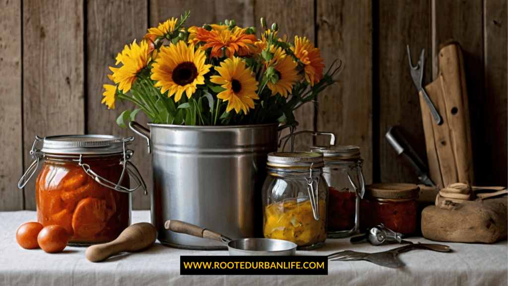 Jars with preserves and a bucket with flowers on a table