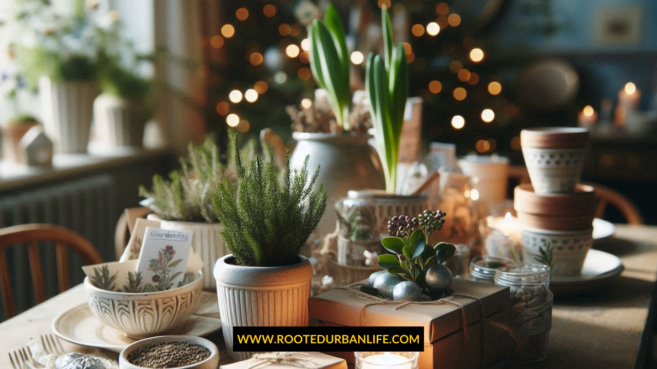 HolidayGardeningGiftsGuide2 Holiday decorations on a table with potted plants and wrapped gifts