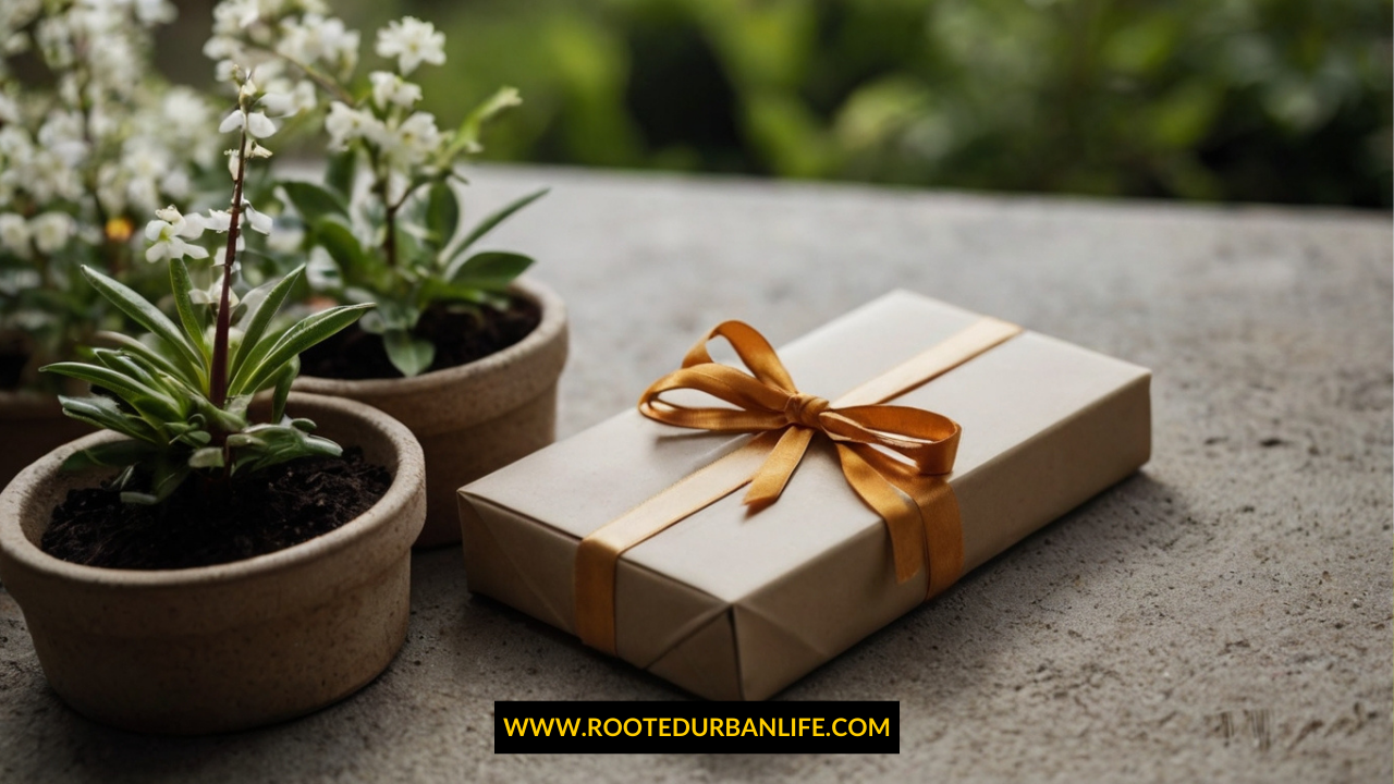HolidayGardeningGiftsGuide3 Potted plants and a wrapped gift outdoors
