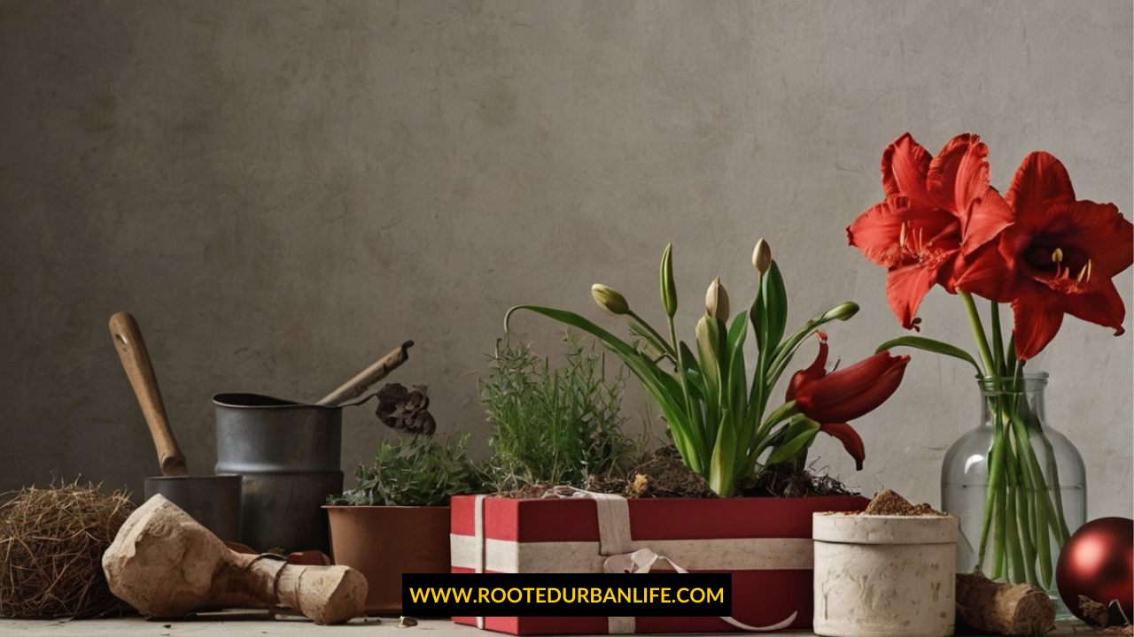 HolidayGardeningGiftsGuide4 Red flowers, ceramic pots and wrapped gifts on a table.