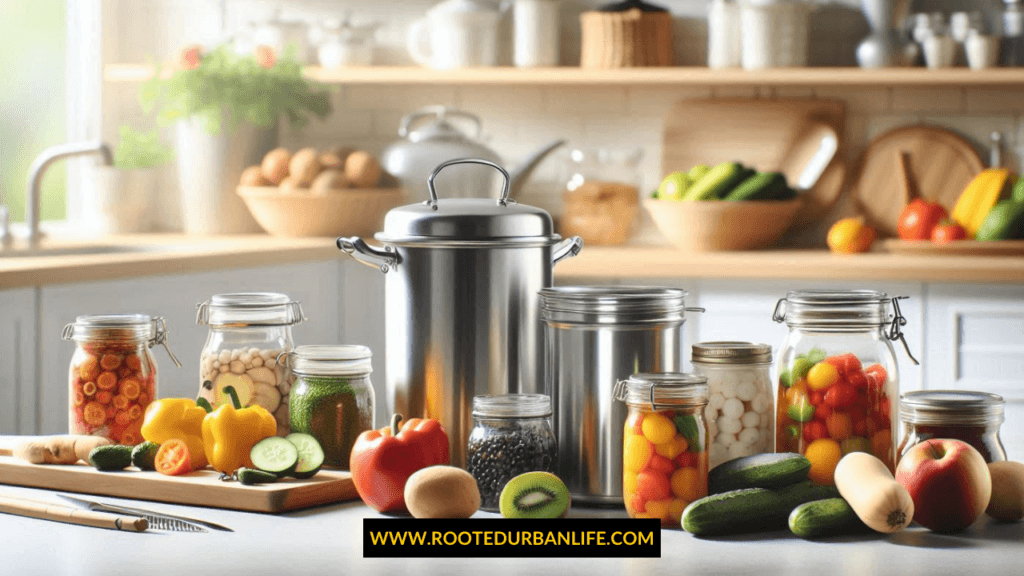Essential Home Canning Gadgets,Jars, Fruits and Vegetables Displayed on a Kitchen Counter