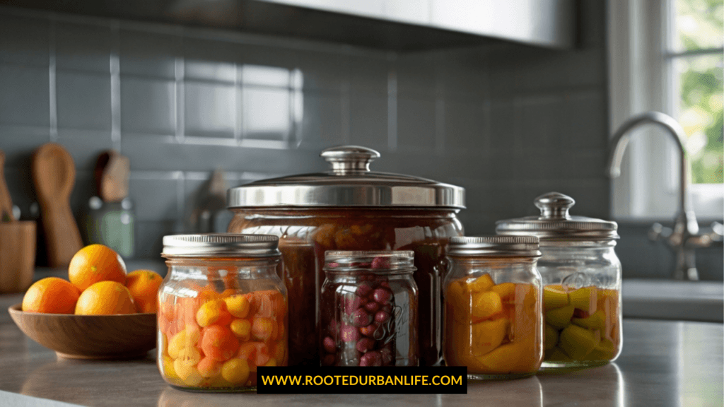 Home canning must have tools displayed on a kitchen counter