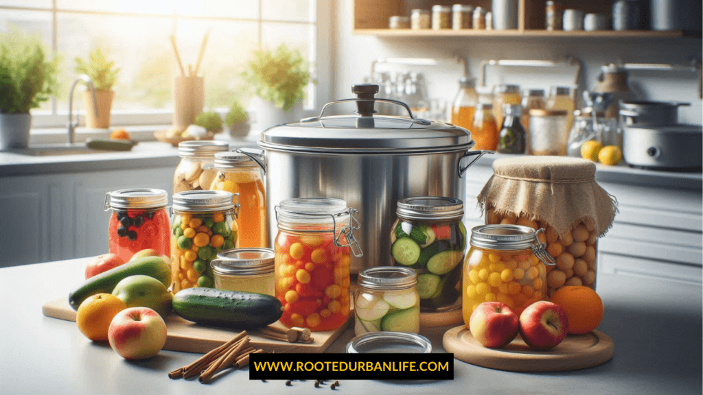 Home canning supplies, jars, stainless steel canner, displayed on a kitchen counter 