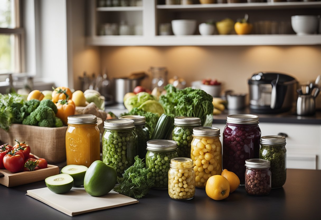 A kitchen counter with various canning supplies and fresh produce, with a book on home canning open to a page listing common mistakes to avoid