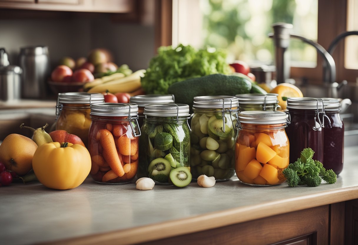 A cluttered kitchen counter with improperly sealed canning jars and a boiling water canner left unattended