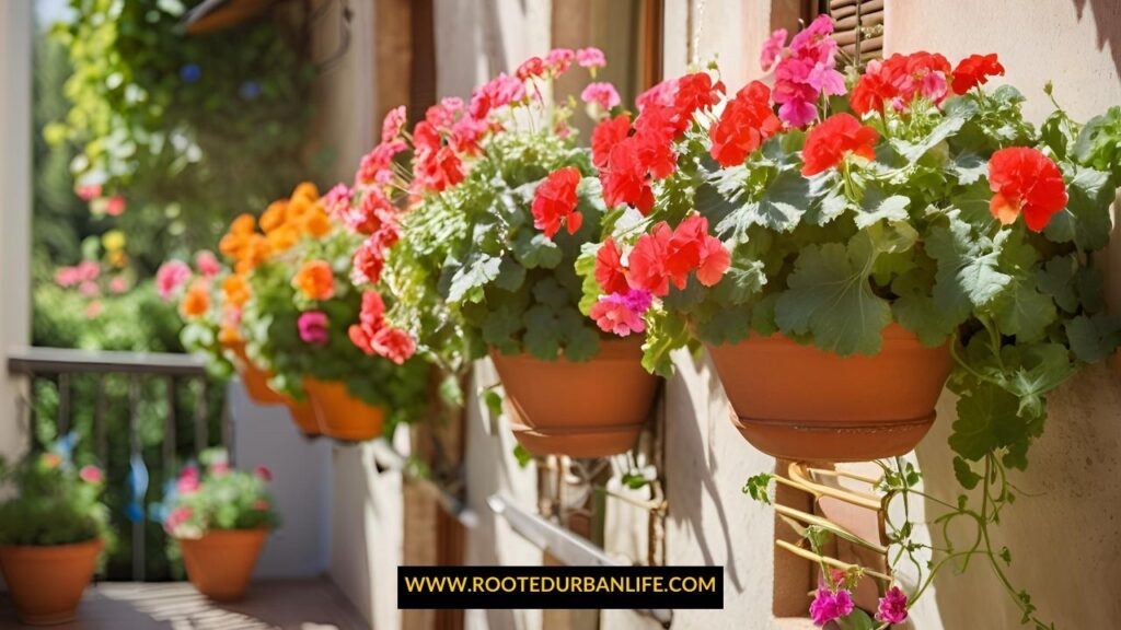 Geraniums in hanging baskets