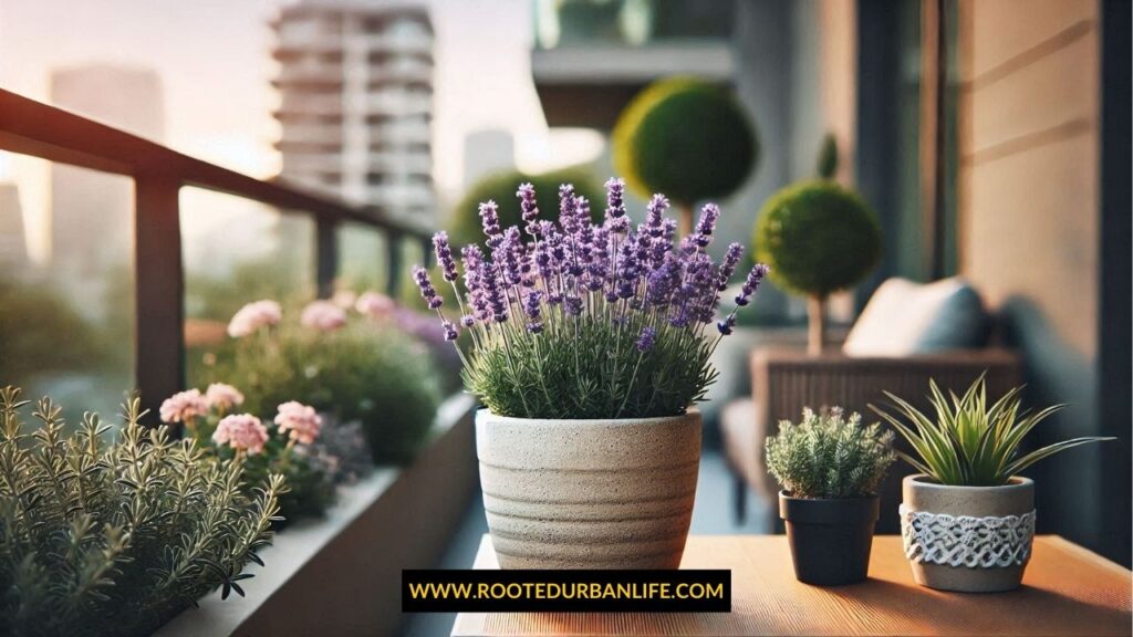 Lavander in a pot on a balcony in the city