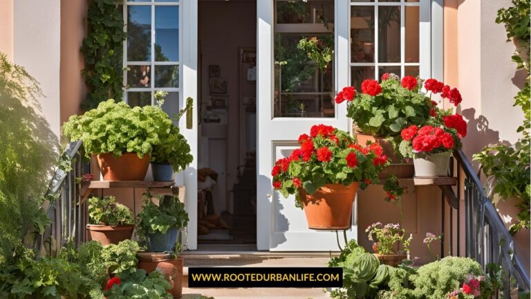 Potted plants in front of an open french door leading to a house