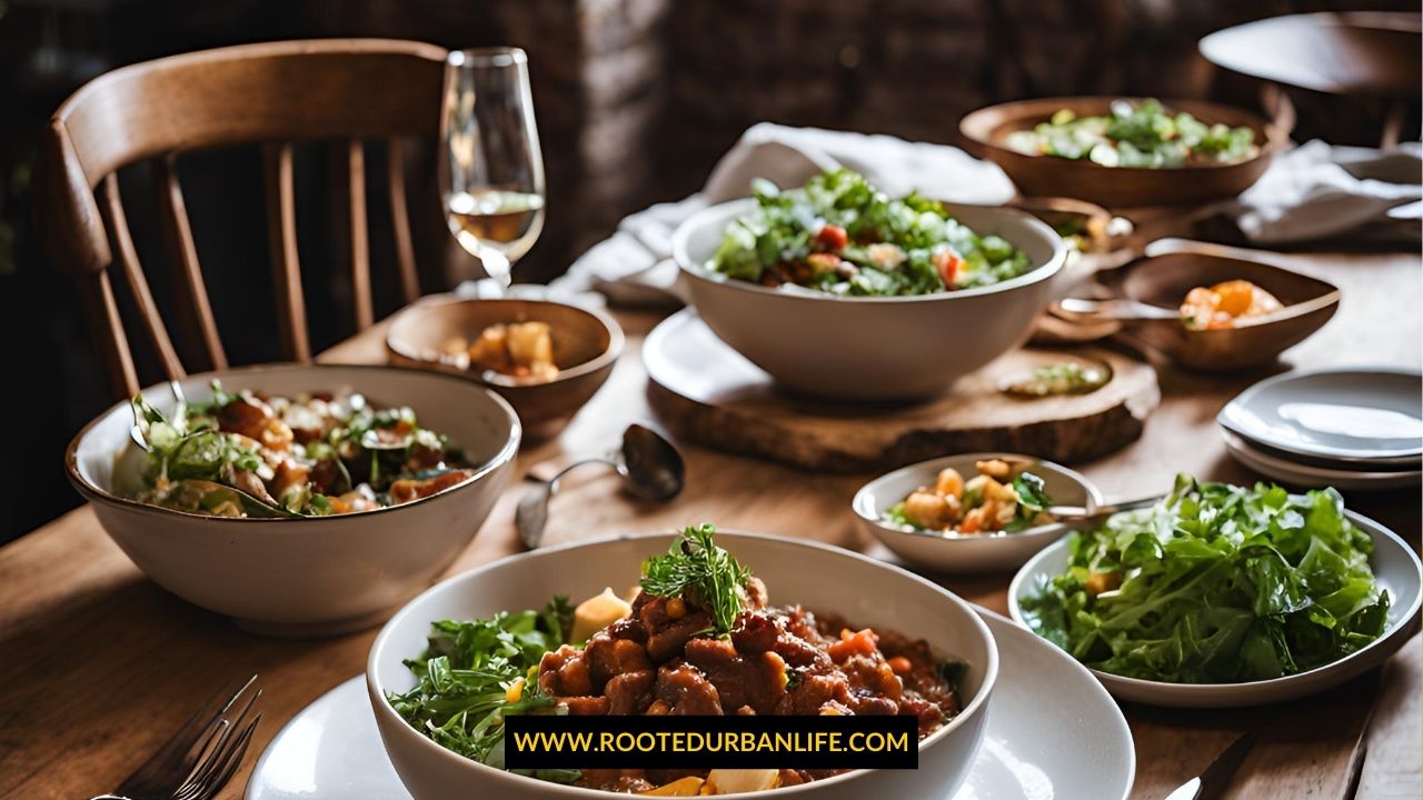 A cozy winter dinner table set with hearty dishes, bowls of soup, evoking a warm and inviting atmosphere for family meals