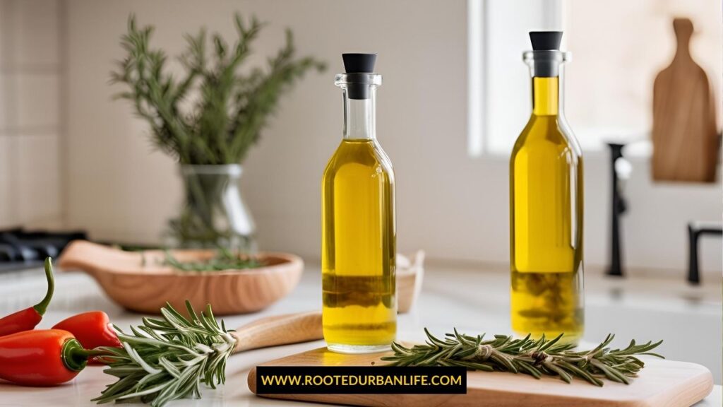Two glass bottles of homemade herb-infused olive oil with sprigs of rosemary and chili inside, placed on a kitchen counter with natural light.