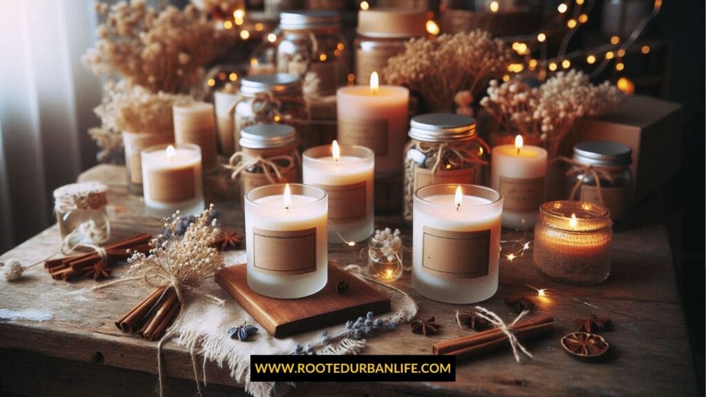 A hand-poured soy candle in a simple glass jar with a custom scent, resting on a minimalist coffee table surrounded by soft natural light and subtle holiday decorations.