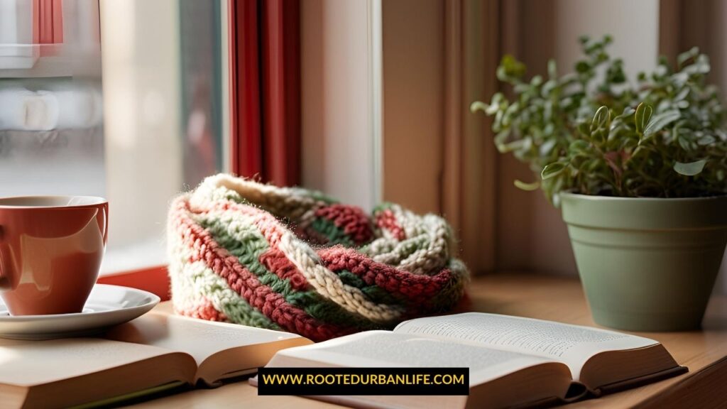 A cozy hand-knitted infinity scarf in festive colors like red, green, and cream, on a ta ble next to books, a coffee cup and a small potted plant