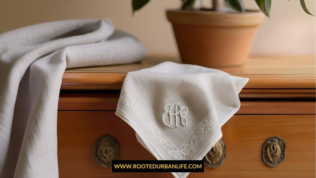 A handkerchief with a delicate gray monogram embroidered in the corner, resting casually on a wooden dresser.