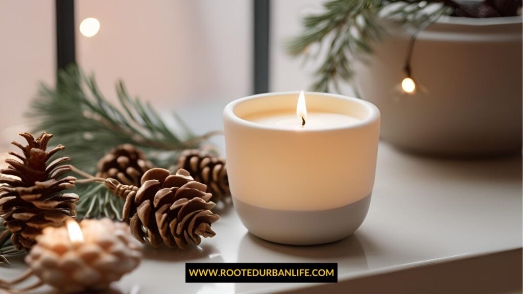 A handmade candle in a matte ceramic pot, surrounded by pine cones and string lights, sitting on a minimalist coffee table.