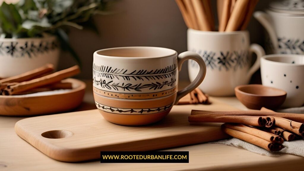A personalized pottery mug with hand-painted designs and a name etched on the side, resting on a kitchen countertop with a warm light.