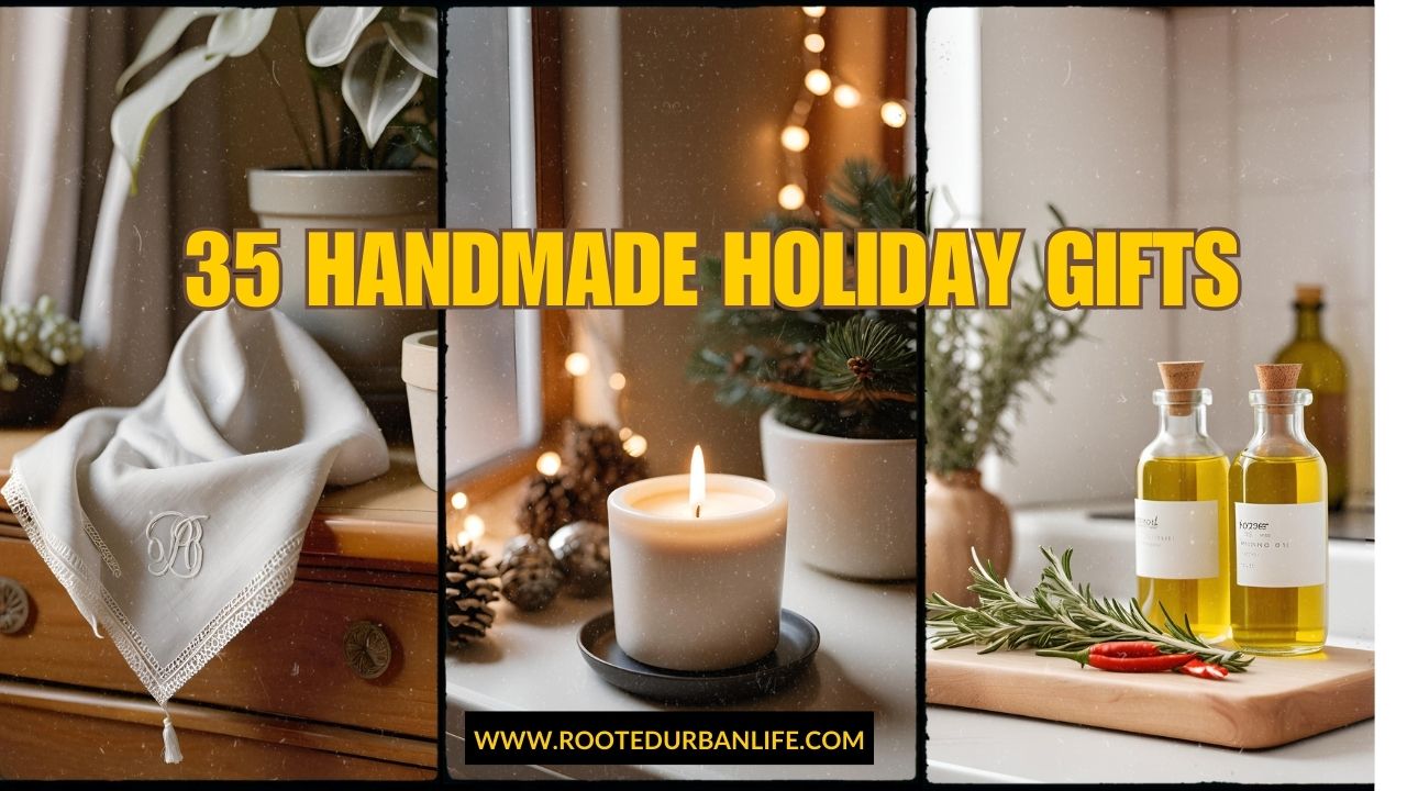 A colage of images of various handmade holidays gifts set in festive environments