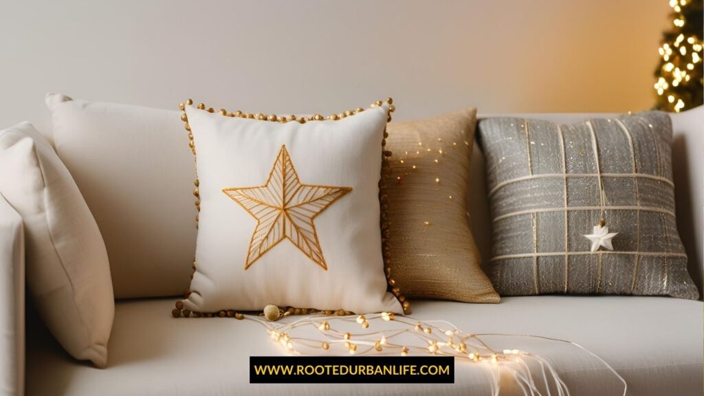 A custom-embroidered pillow cover stitched in soft thread, placed on a minimalist couch with Christmas decorations in the background.