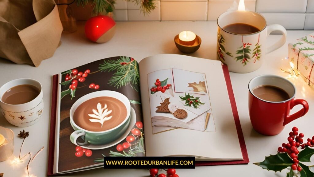 A custom recipe book open on a kitchen counter, with neatly handwritten or printed recipes and festive illustrations.