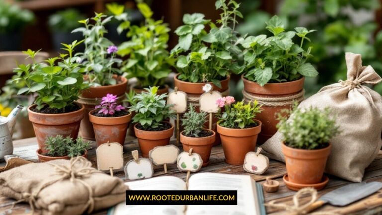 a herb growing kit on a table wit terracotta pots seed packets a gardening book and plant markers