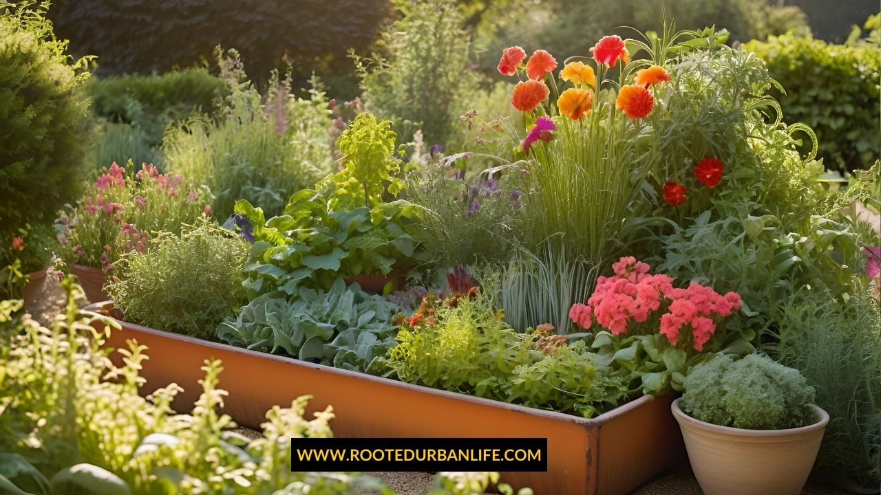 Various containers with thriving plants and flowers in the garden