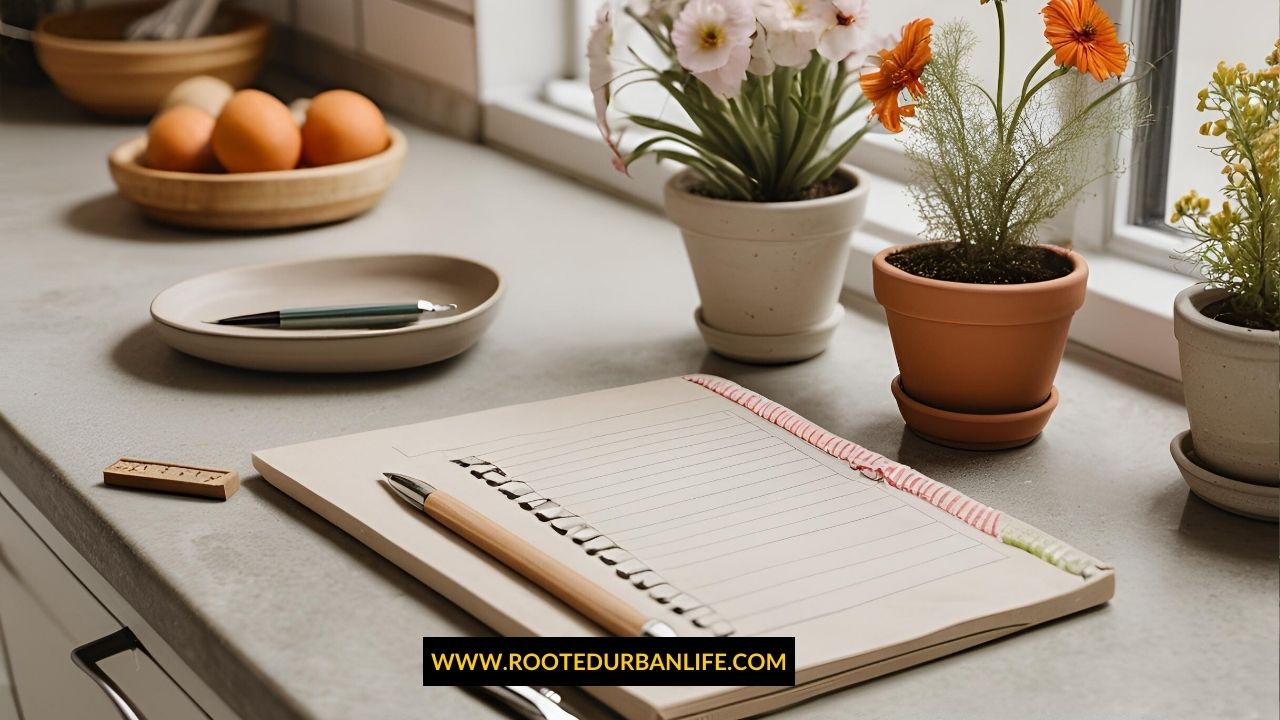 An emply notebook, a pen, small flower pots on a kitchen counter by the window