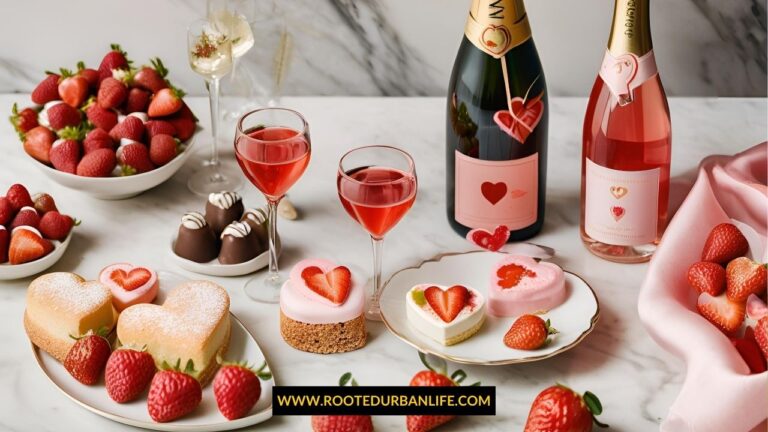 Various heart shaped desserts, strawberries and wine glasses and bottles arranged on plates set on a marble table.