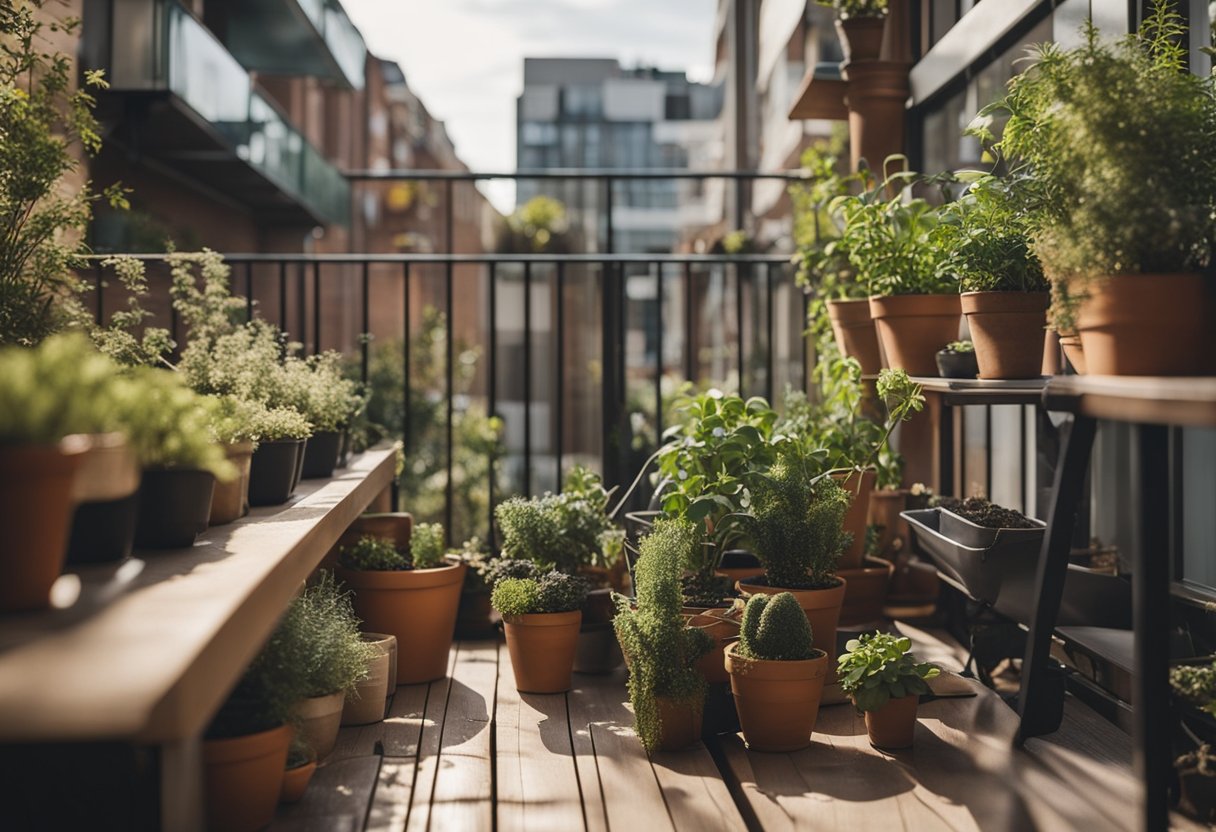 A balcony garden kit with a variety of potted plants and gardening tools arranged neatly on a small outdoor space