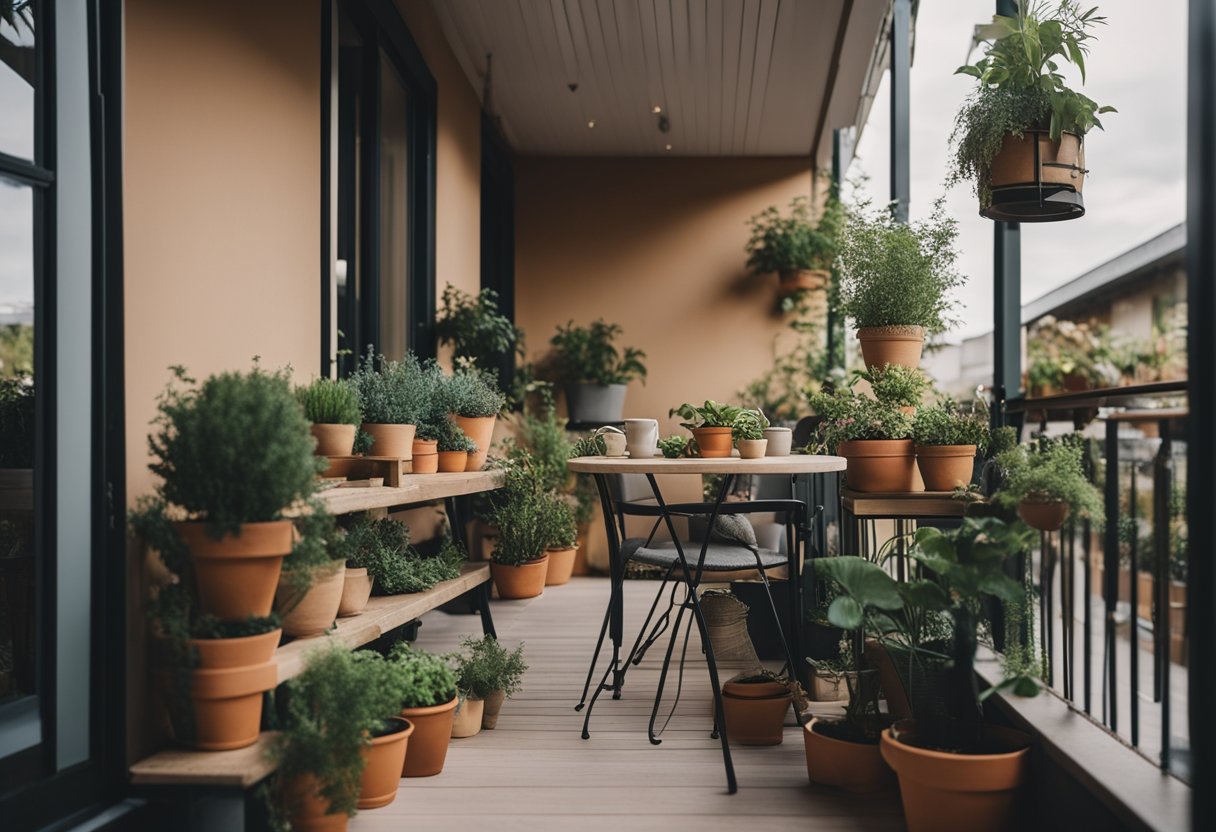 A cozy balcony with potted plants, a small table with gardening tools, and a beginner's balcony garden kit displayed prominently