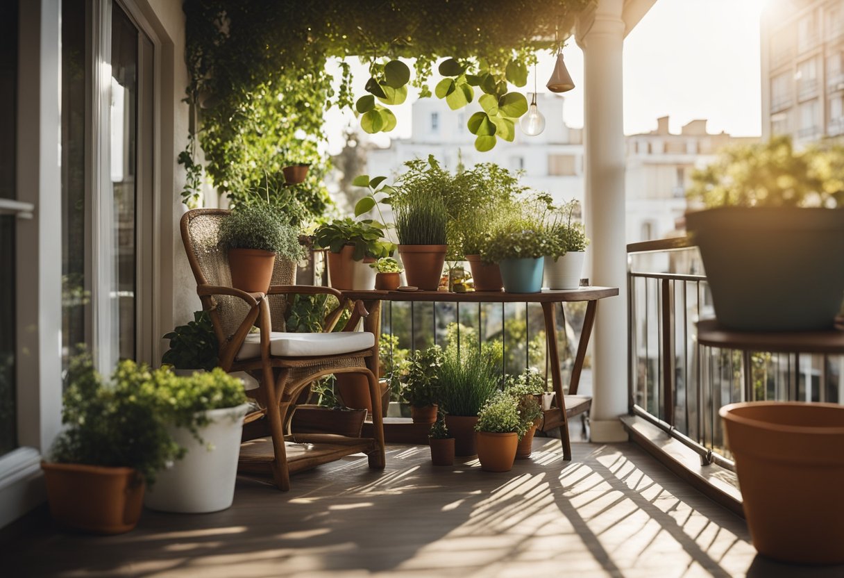 A cozy balcony with potted plants, hanging baskets, and a small table with gardening tools. Sunlight filters through the greenery