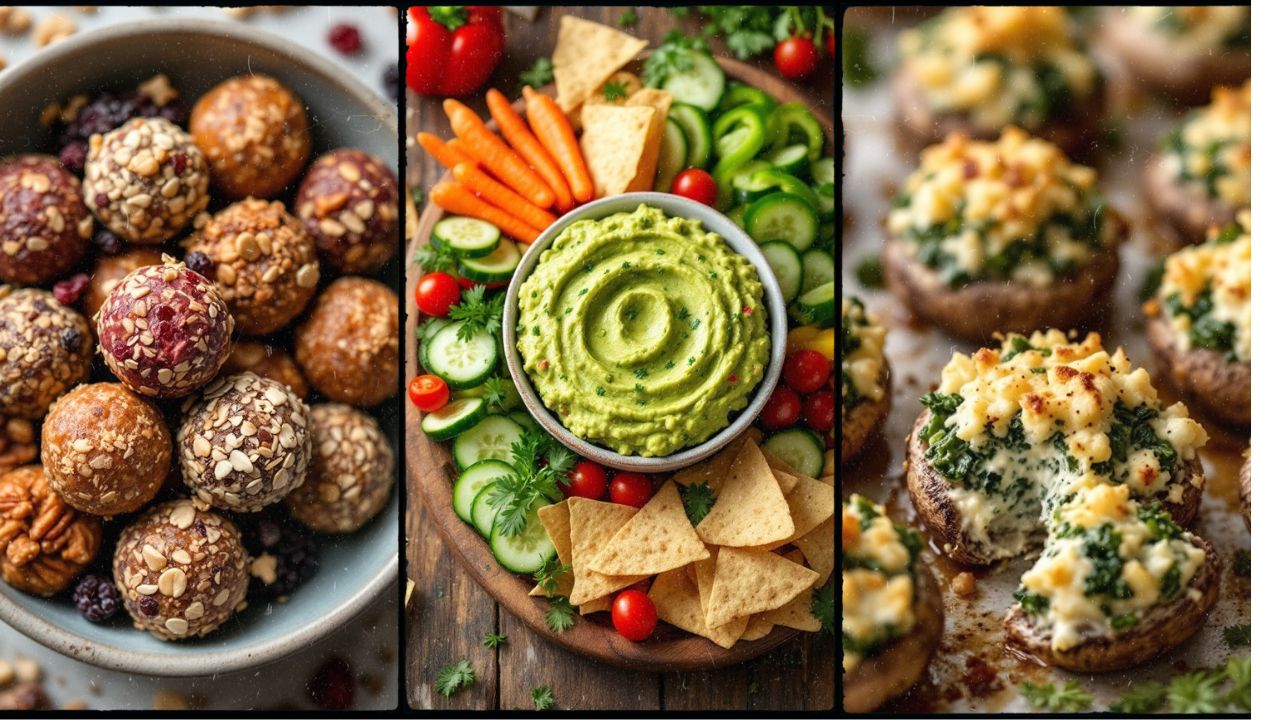 Collage of three images of healthy snacks: spinach stuffed mushrooms, guacamole with veggie sticks, energy balls