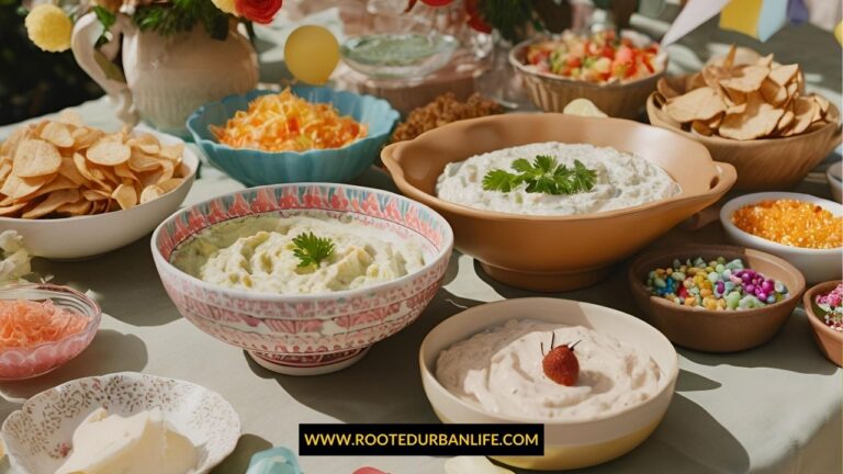 Many bowls with various dips on a table with party decorations