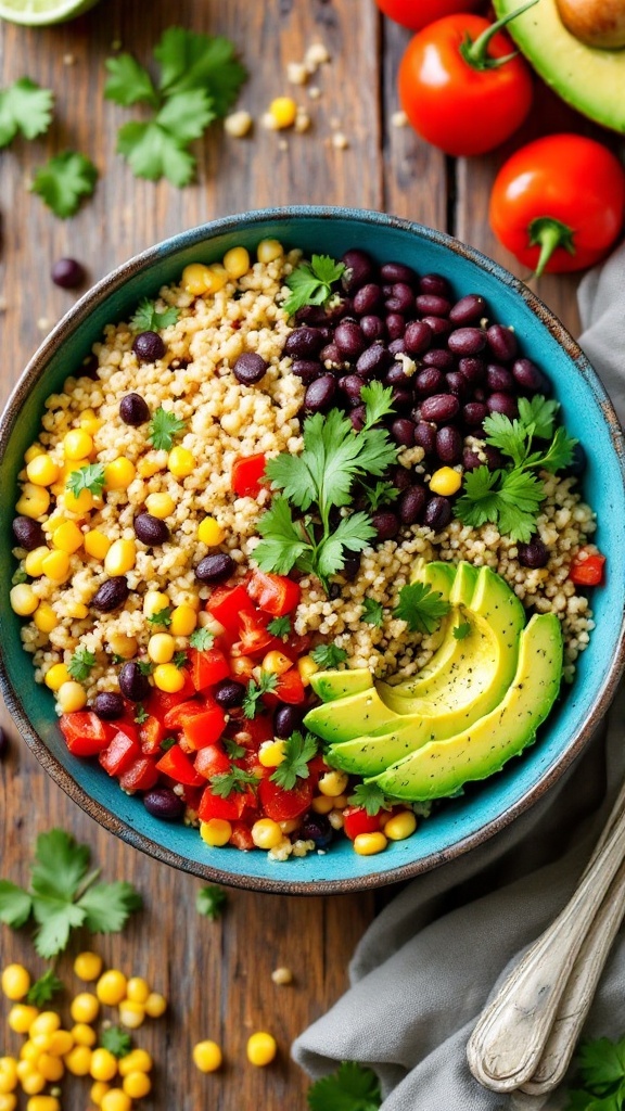 a bowl with quinoa black bean salad on a counter