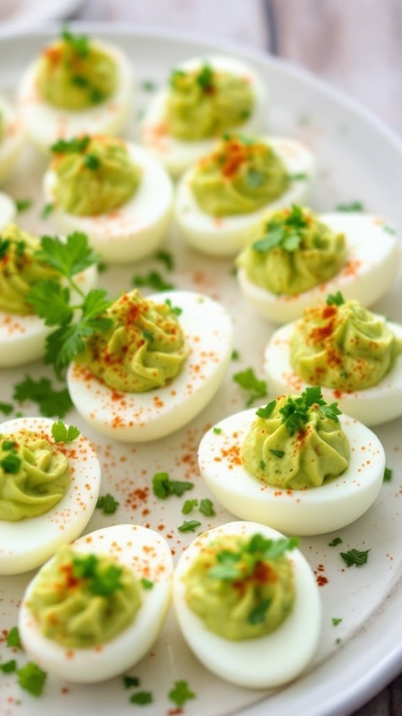 Avocado deviled eggs on a white ceramic plate