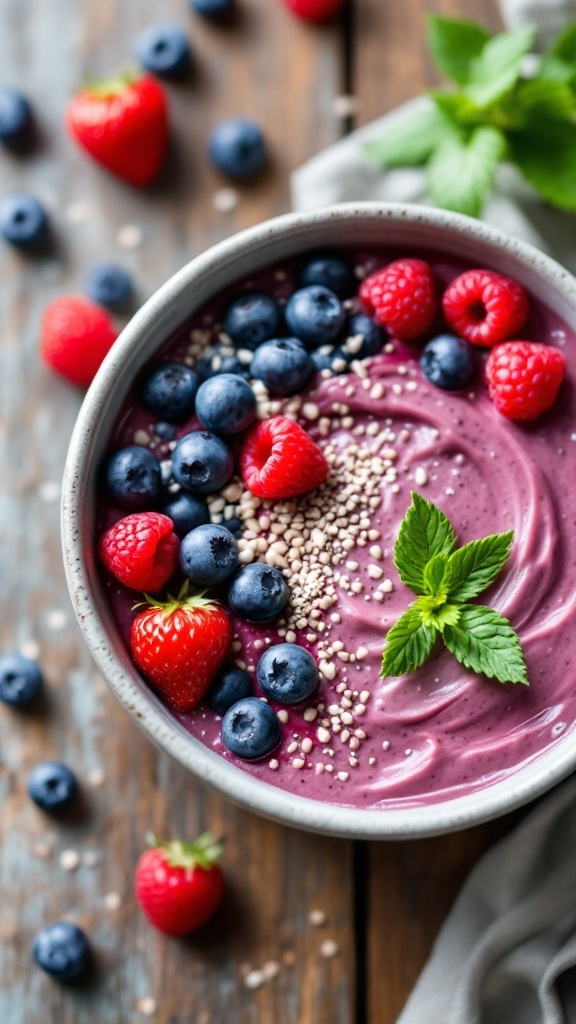 A bowl of. chia pudding with berries on a table