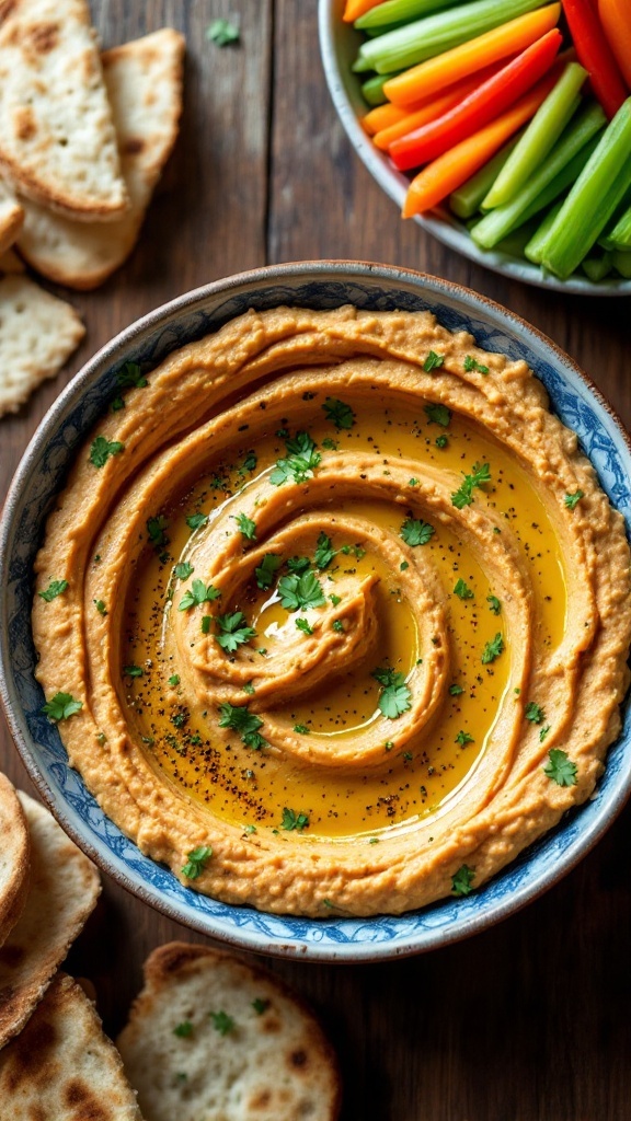 Bowl of spicy hummus in a table with veggie sticks