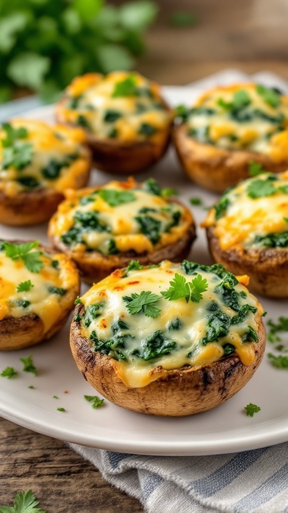 Spinach and Cheese stuffed mushrooms on a ceramic plate